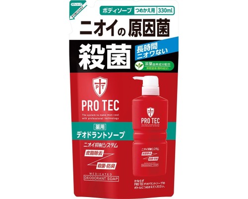 LION Мужское дезодорирующие жидкое мыло для тела с ментолом "PRO TEC" 330 мл (мягкая упаковка)