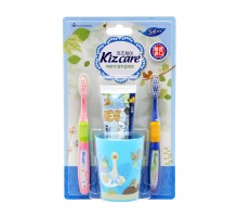 LION Детский зубной набор для гигиены полости рта (голубой стакан, 2 щетки, гель-паста 75 г) вкус клубники с 3 лет "Kizcare" 1 шт